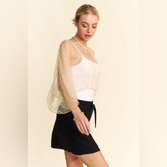 266B. Pearl Rhinestone Embellished Mesh Topper Cape - Nude - Picture 6 of 10